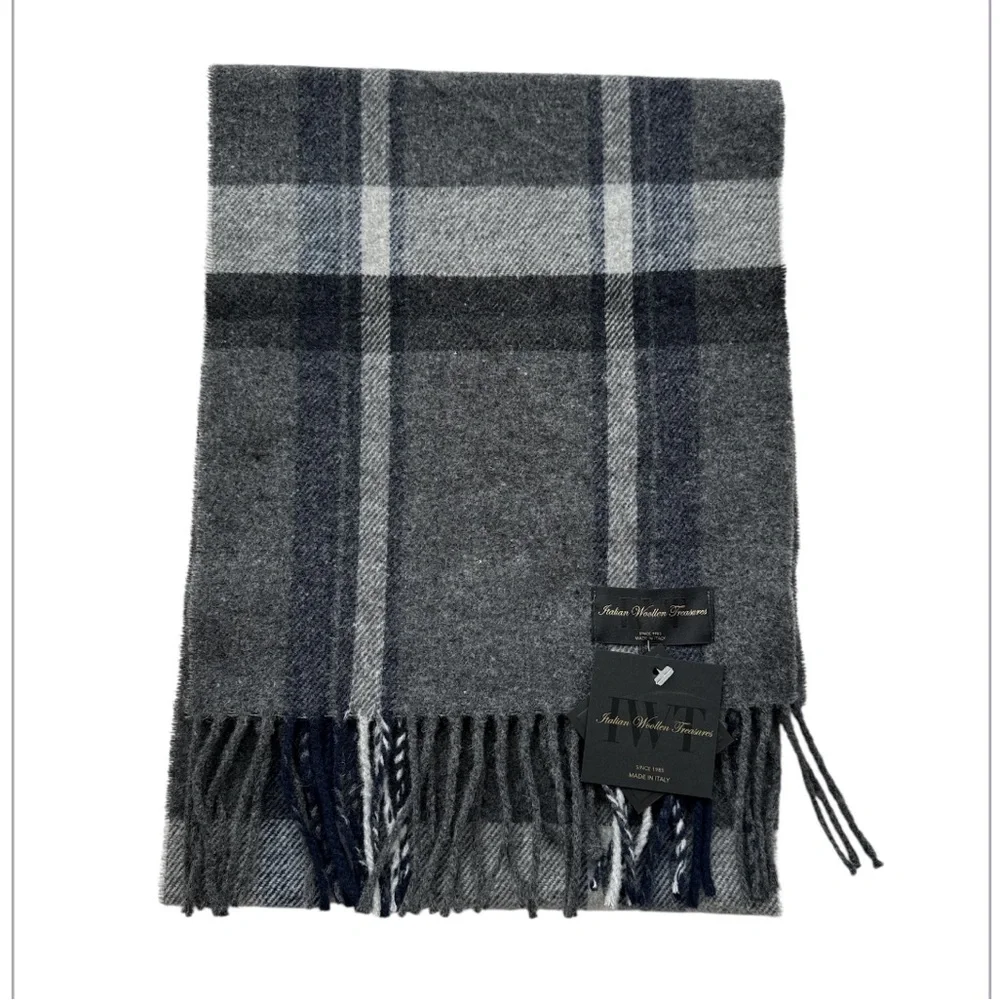 IWT Italian Woollen Treasures Men’s 100% Wool scarf gray plaid classic New